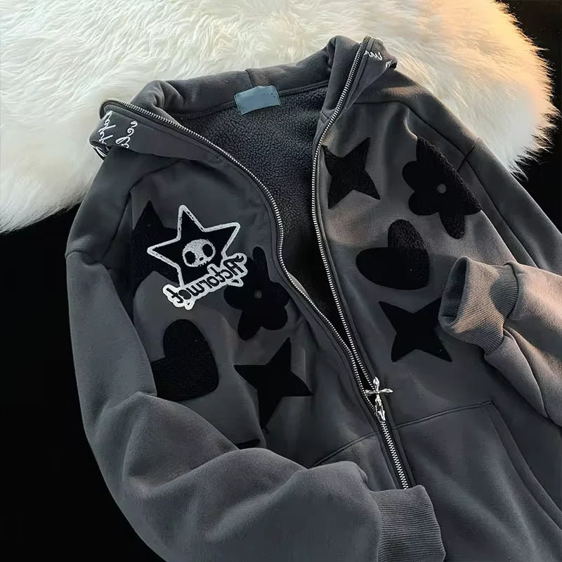 Skull Star Heart Zip Up Hoodie Harajuku Streetwear