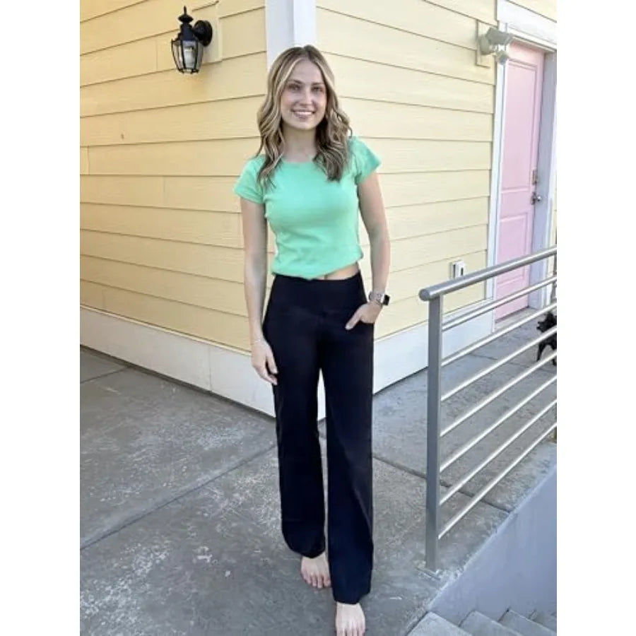 VOOVEEYA Yoga Pants Women with Pockets, Tummy Control Leggings Straight Leg High Waist Work Dress Pants Petite/Regular/Tall