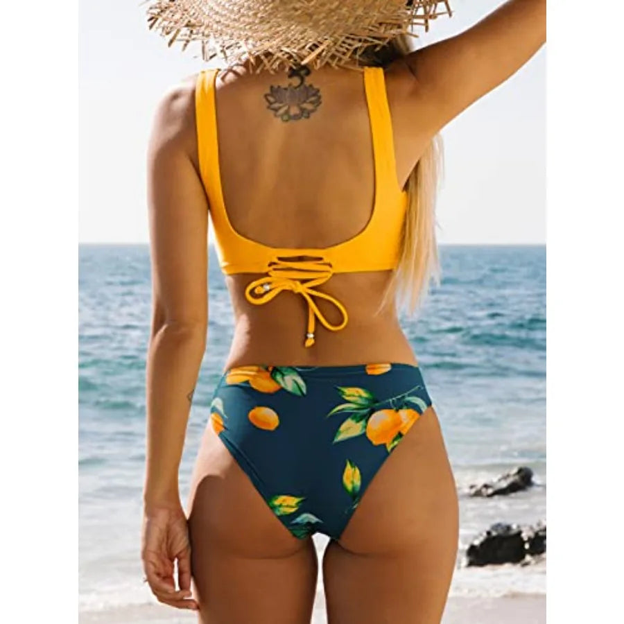 Women Two Piece Front Cross Lace Up Bikini Swimsuit Set