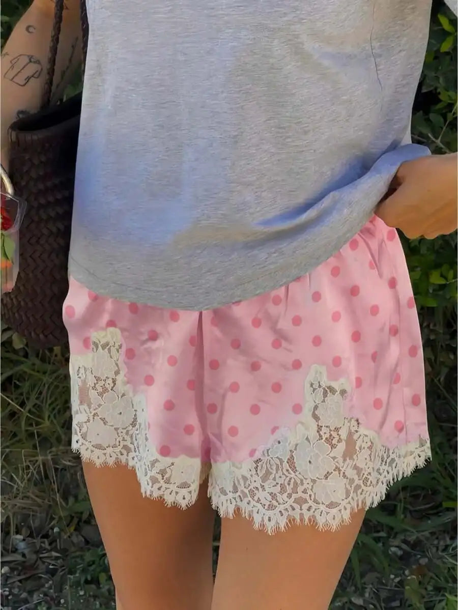 Women Satin Lace Polka Dot High Rise Lounge Casual Shorts