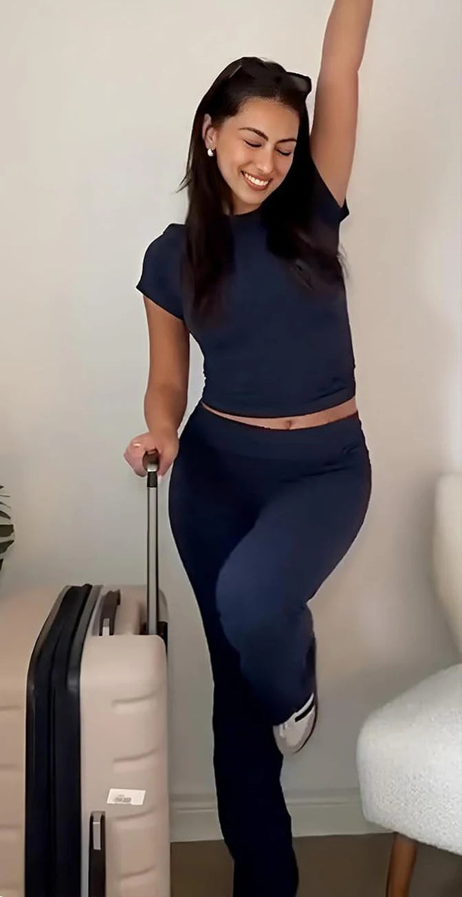 Womens Two-Piece Yoga Set With Short Sleeve Top And Pants
