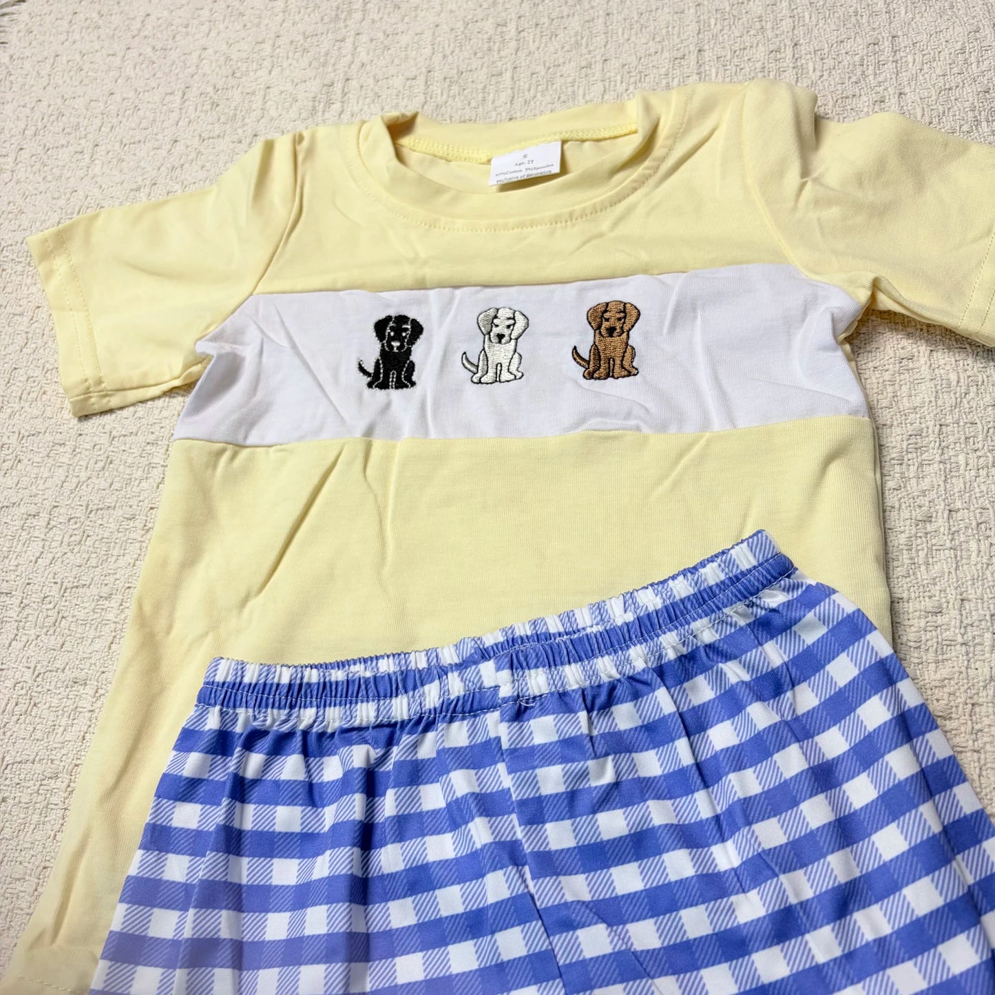 Children's Plaid Shorts And Dog Top Romper Set Everyday Casual