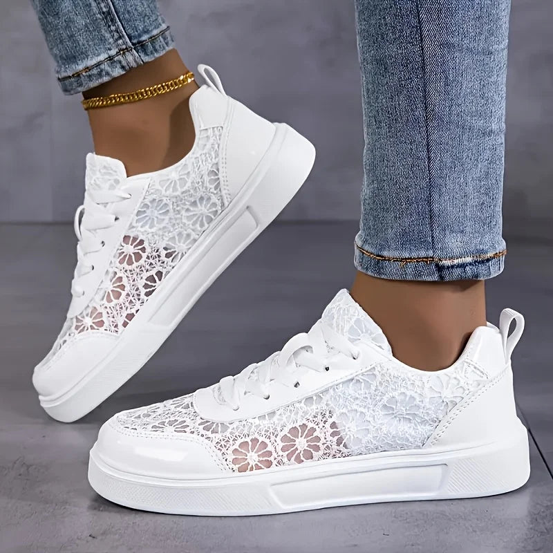 Women Breathable Platform Sneakers With Floral Embroidered Mesh Details
