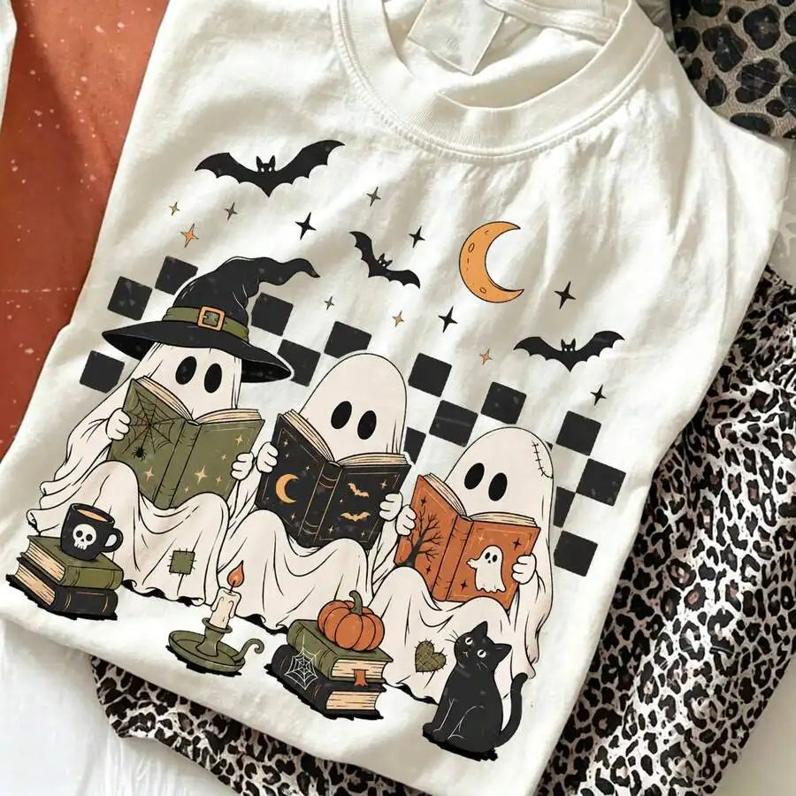 Reading Ghost Cat Graphic Tee For Women Halloween Casual Top