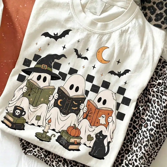 Reading Ghost Cat Graphic Tee For Women Halloween Casual Top