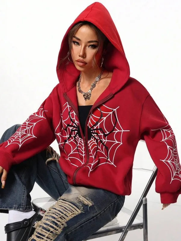 Spider Web Print Unisex Zip Up Hoodie For All Seasons