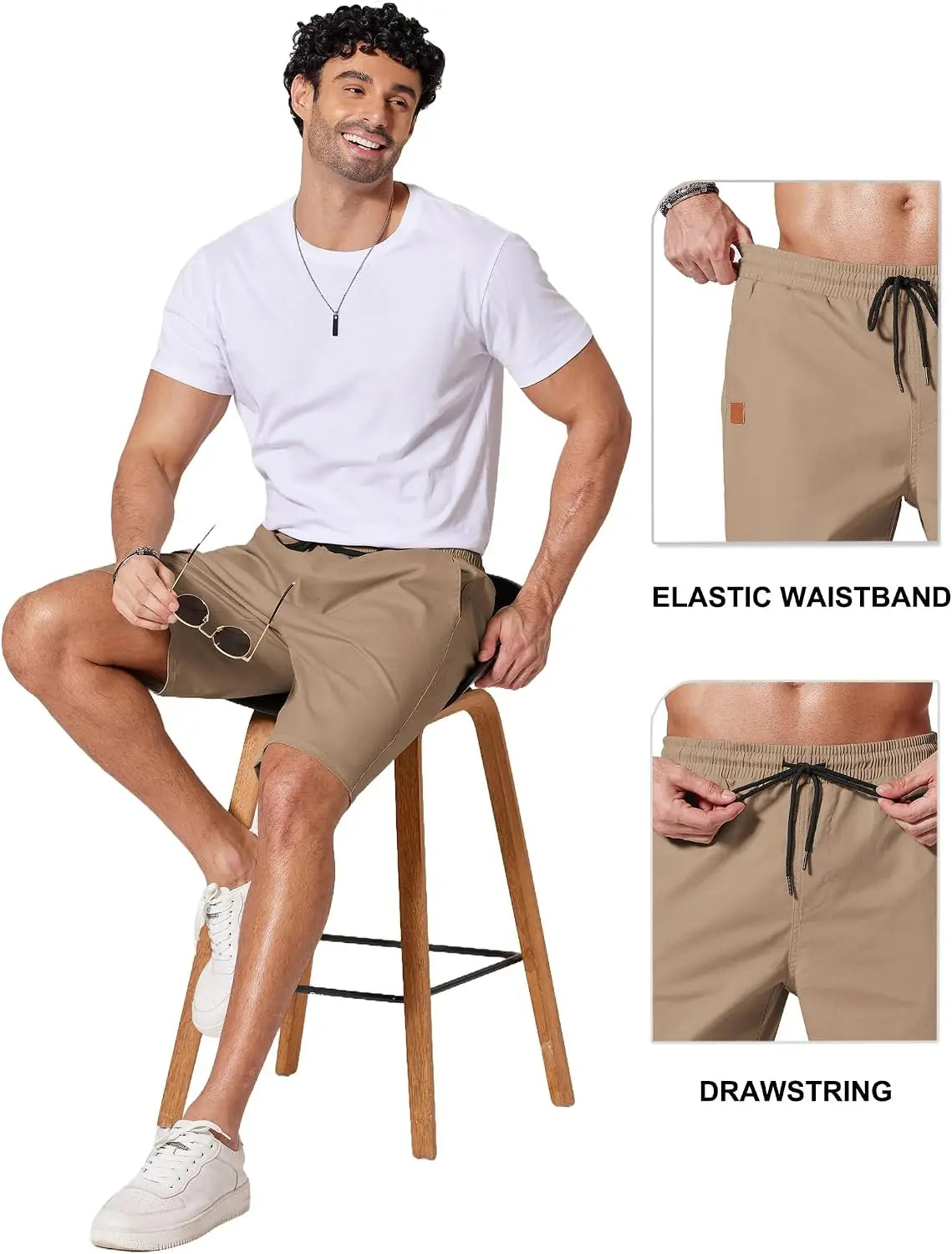 Mens Casual Shorts 9" Chino Cotton Shorts Summer Beach Drawstring Shorts with Pockets