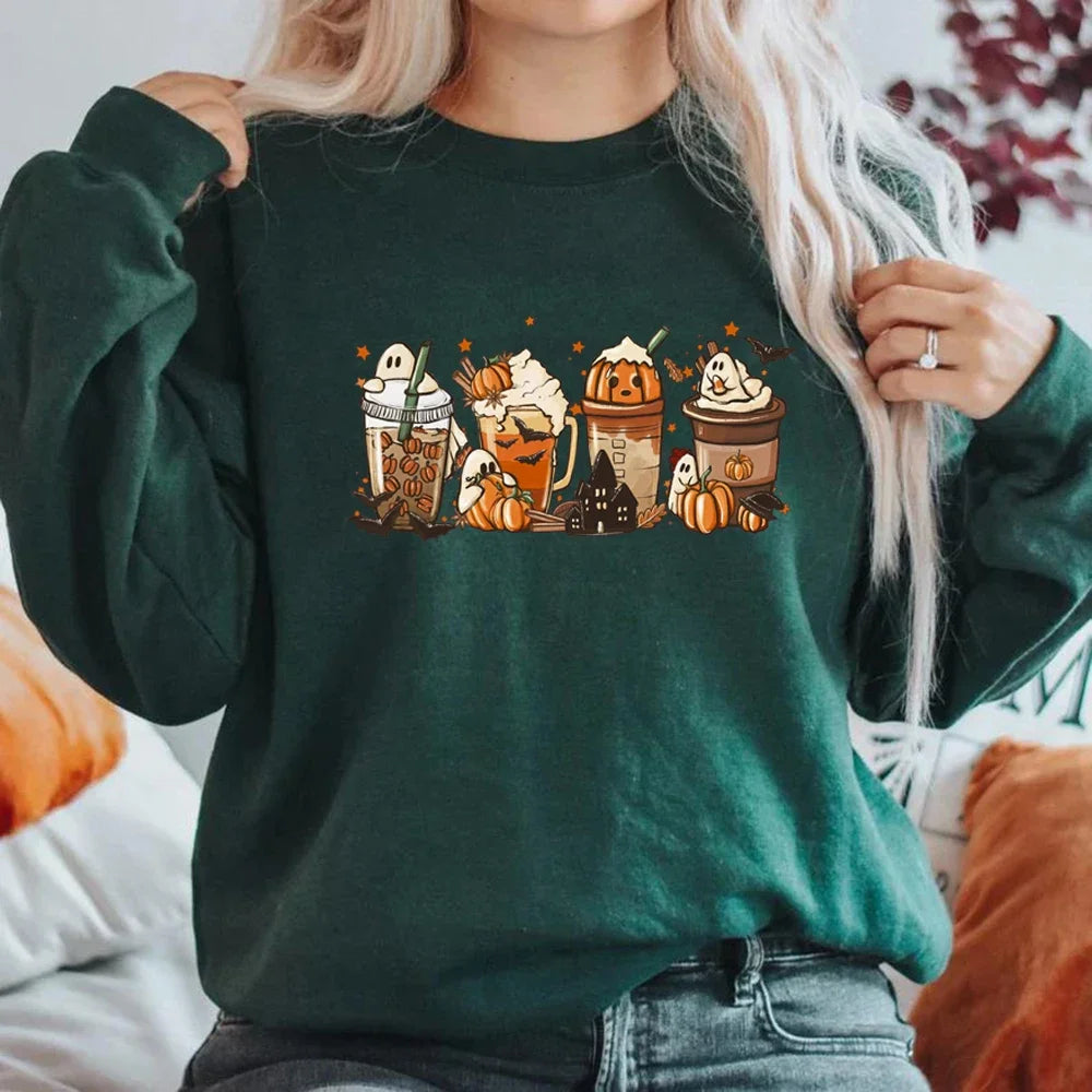 EOENKKY Fall Coffee Sweatshirt Cute Thanksgiving Halloween Pullover