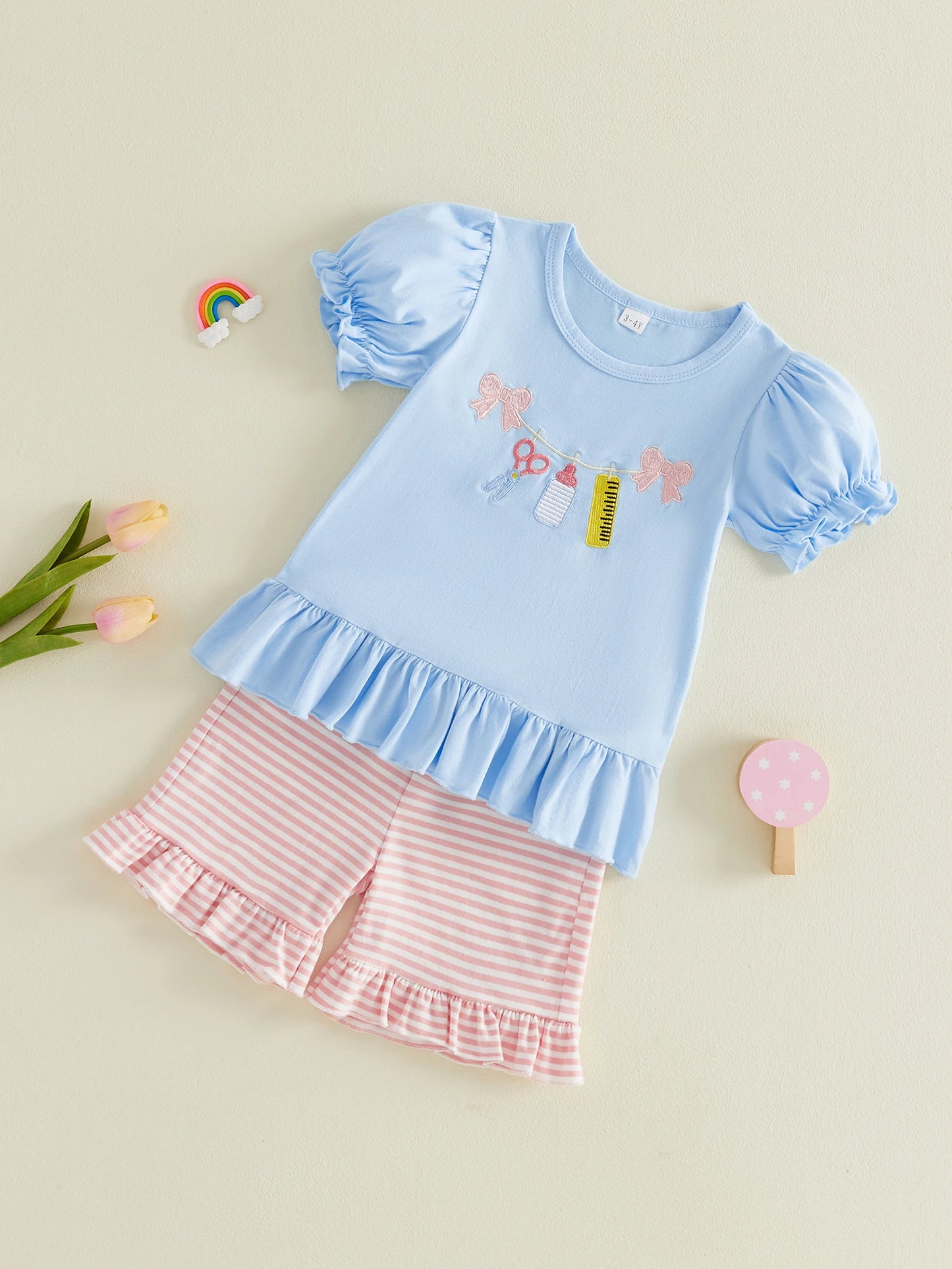 Cathery CN Girls 2Piece Ruffle TShirt And Striped Shorts Set