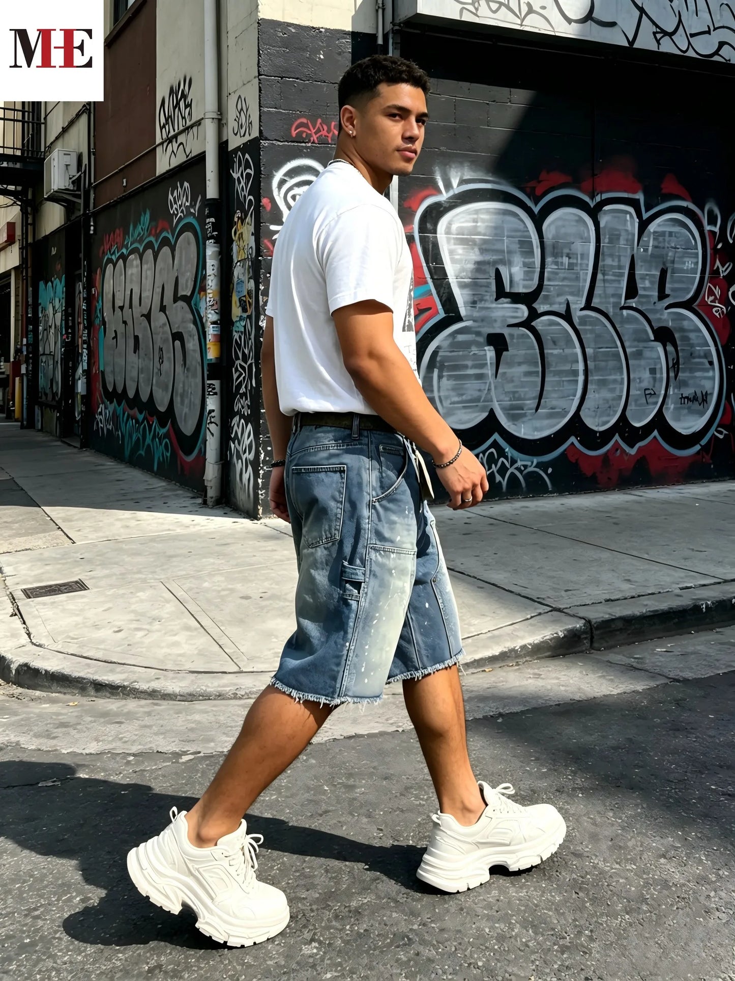HME Men's Workwear Denim Cargo Shorts With Paint Splatter