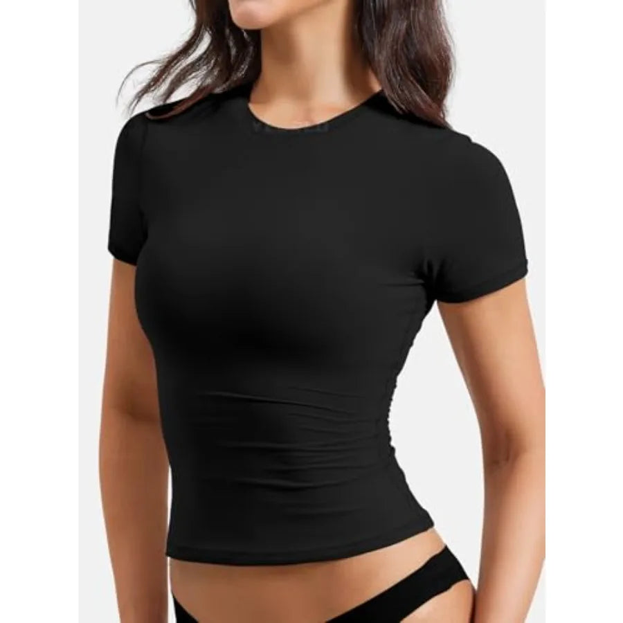 Women Bamboo Fiber Fitted Workout Top Short Sleeve Crew Neck