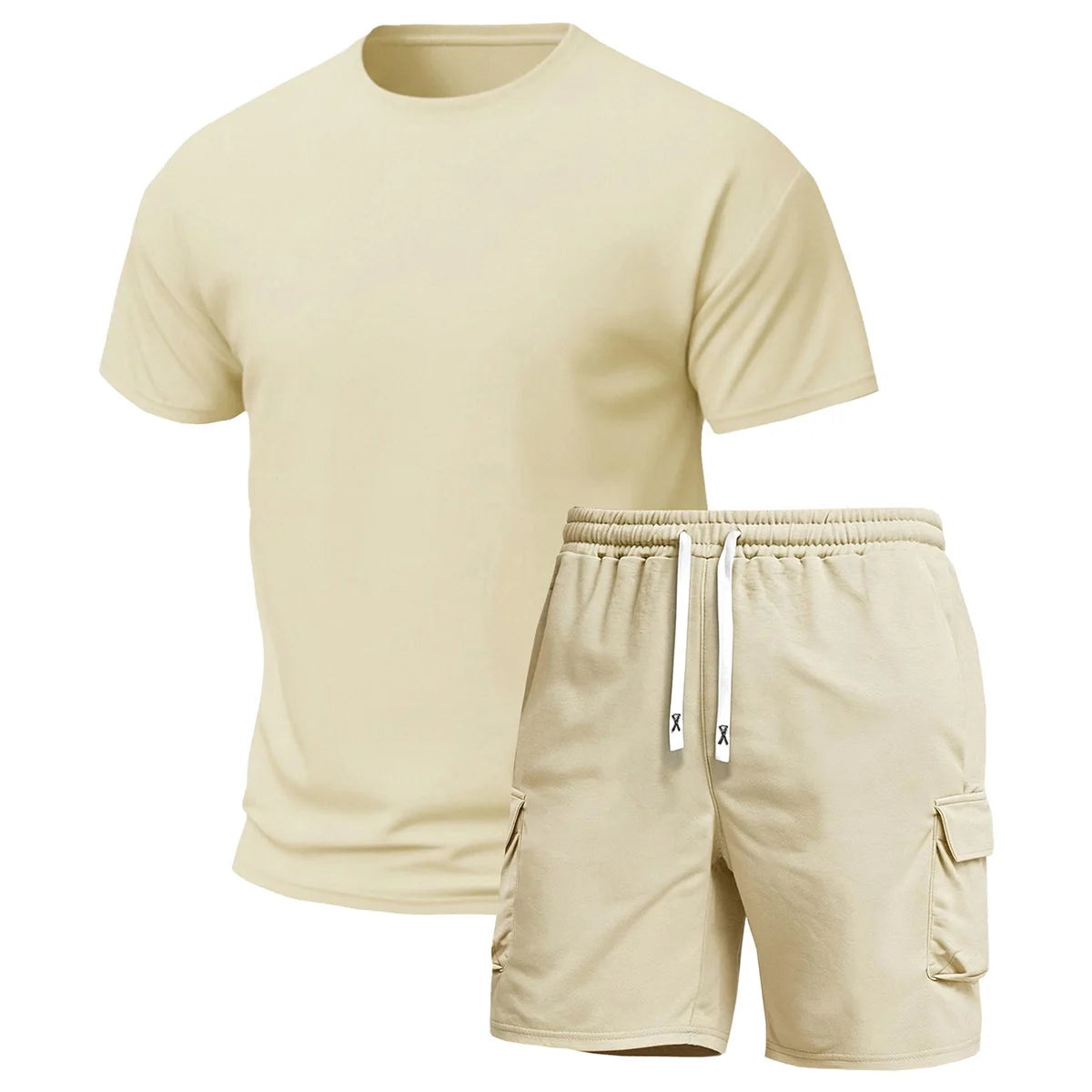 Men's Multi-Pocket Cargo Pants and Short Sleeve T-Shirt Set