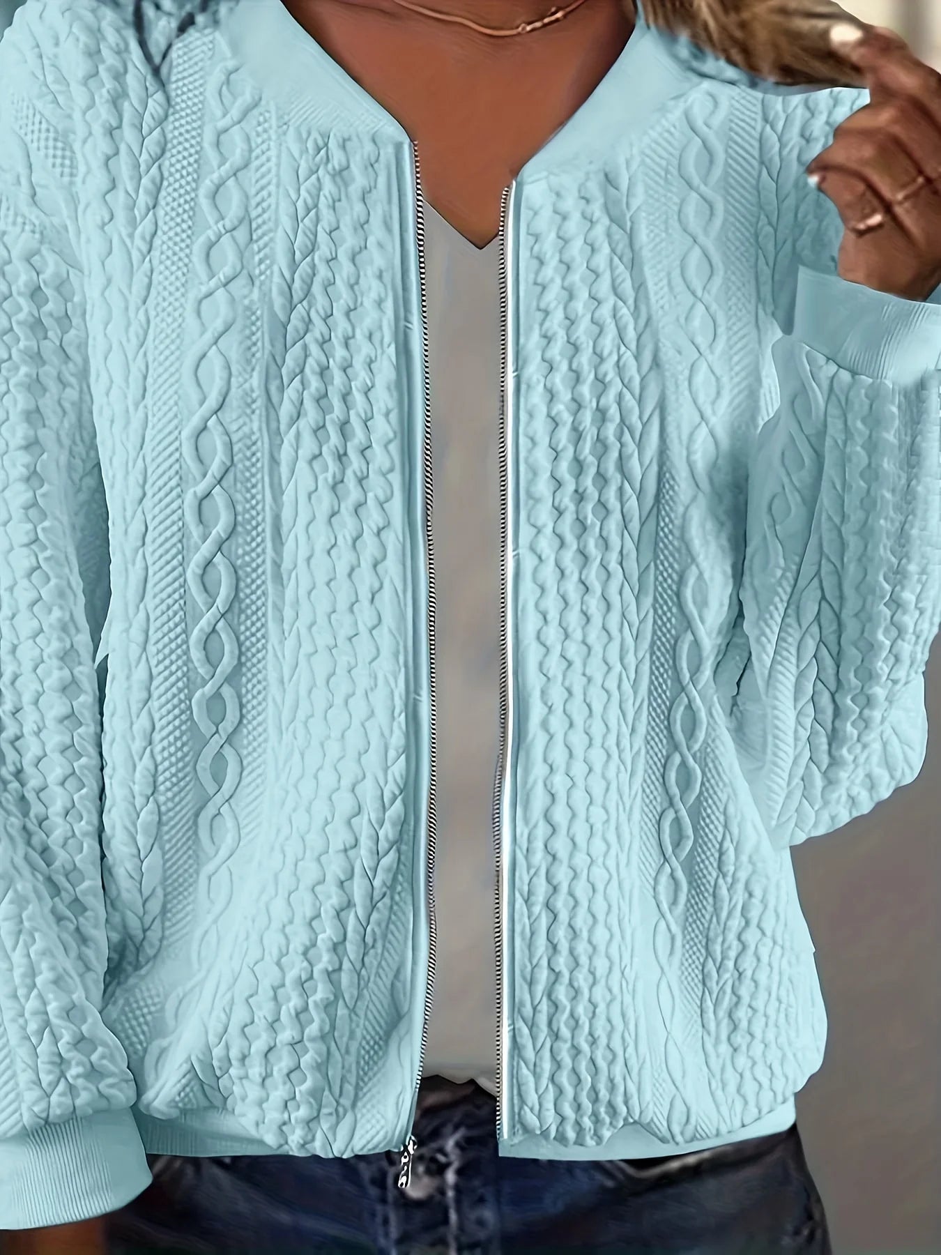 Cable Knit Zip Front Cardigan With Pockets For Daily Wear
