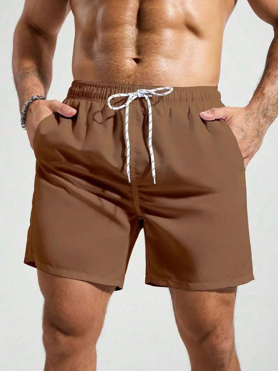 Mens Pocketed Drawstring Waist Beach Quick Dry Swim Trunks