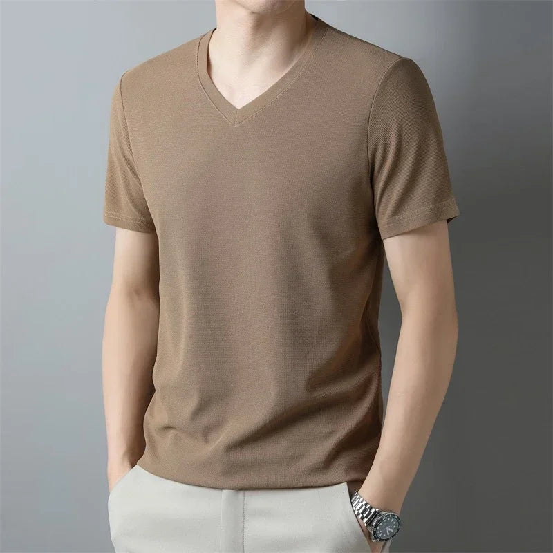 Men's Waffle Knit Vneck Short Sleeve T Shirt Summer Comfort