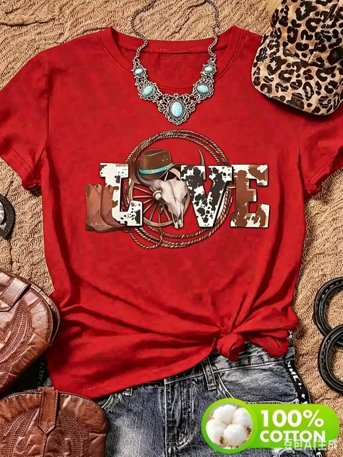 Women Casual Denim Style Love Graphic Print Cotton T Shirt