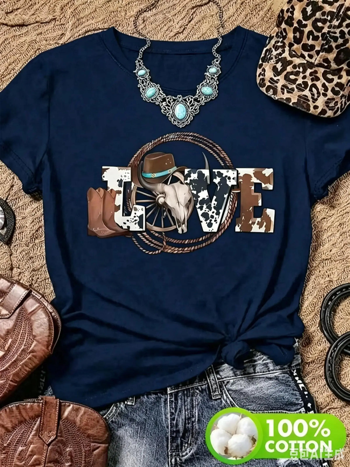 Women Casual Denim Style Love Graphic Print Cotton T Shirt