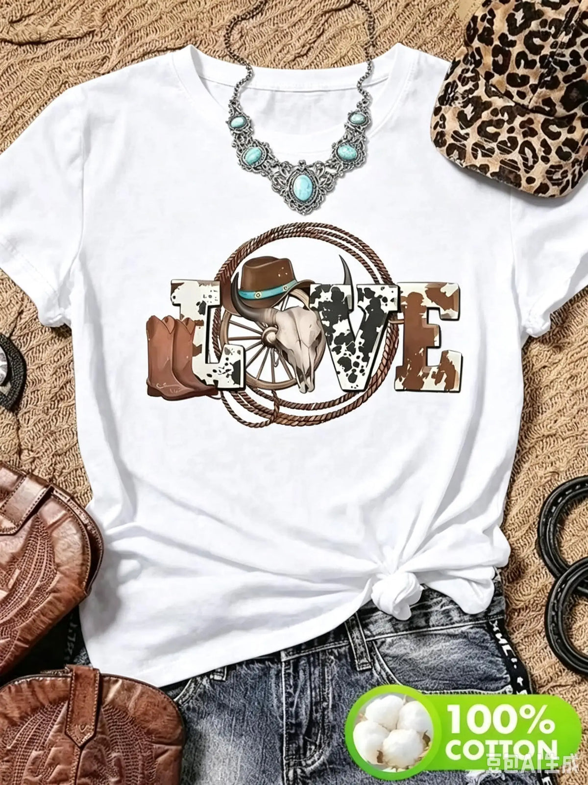 Women Casual Denim Style Love Graphic Print Cotton T Shirt
