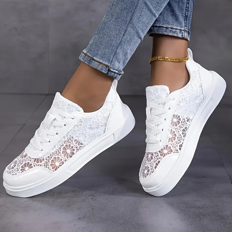 Women Breathable Platform Sneakers With Floral Embroidered Mesh Details