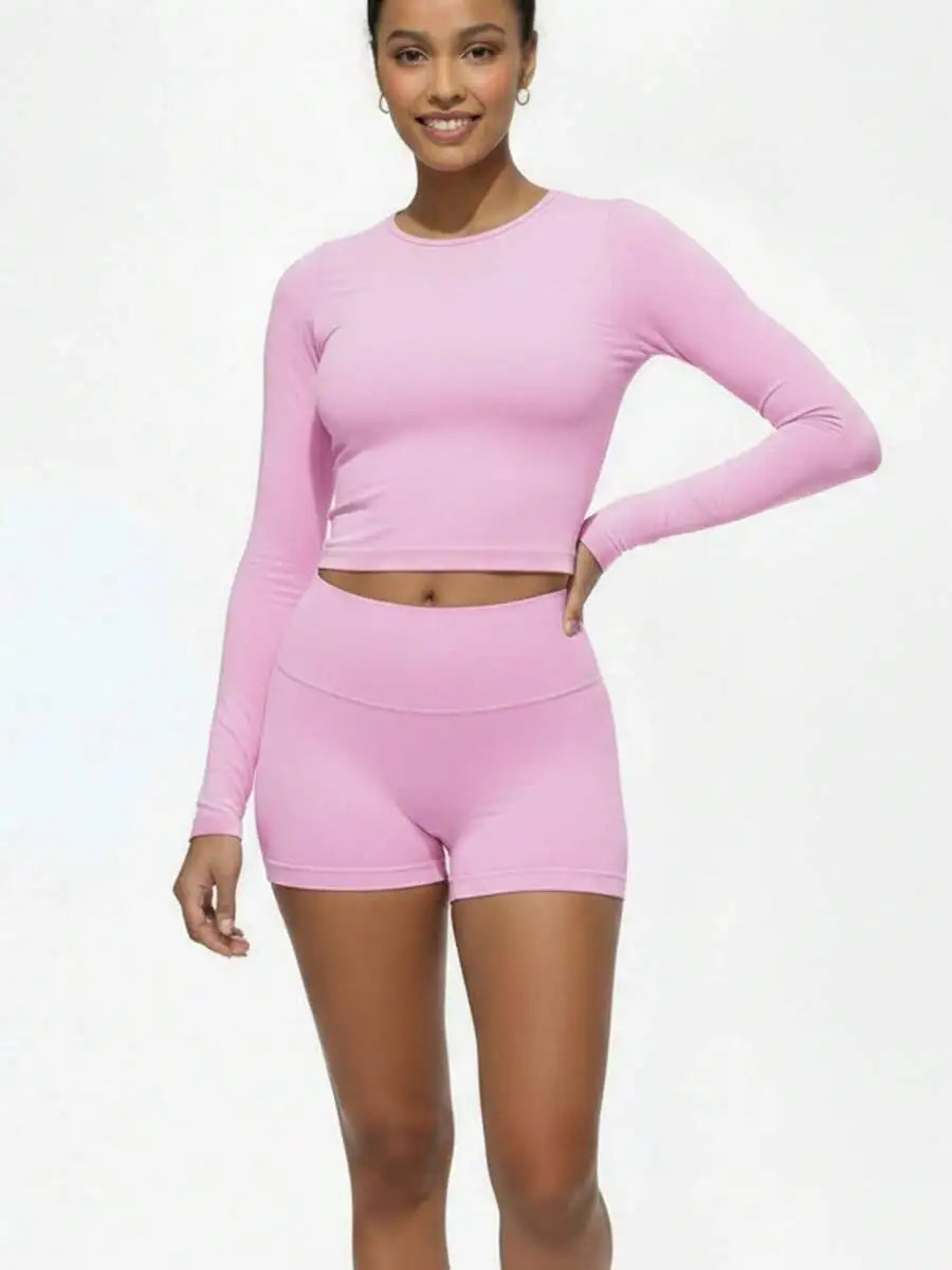 Women's Solid Long Sleeve Short Pant Activewear Set Breathable