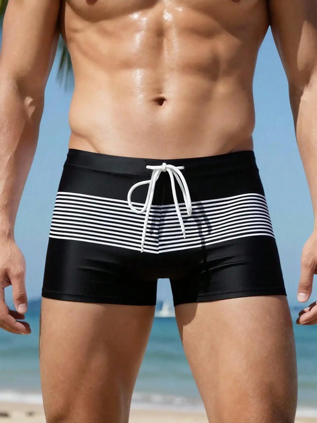 Mens Color Block Striped Board Shorts With Drawstring