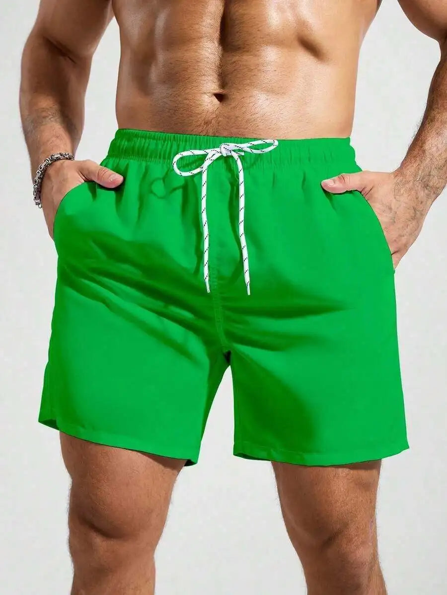 Mens Pocketed Drawstring Waist Beach Quick Dry Swim Trunks