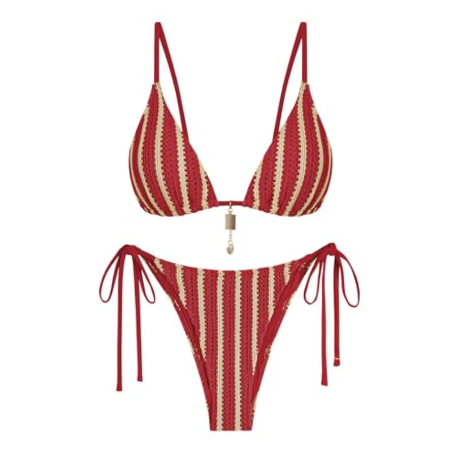 Women Striped Crochet Bikini Set For Vacation Swimwear