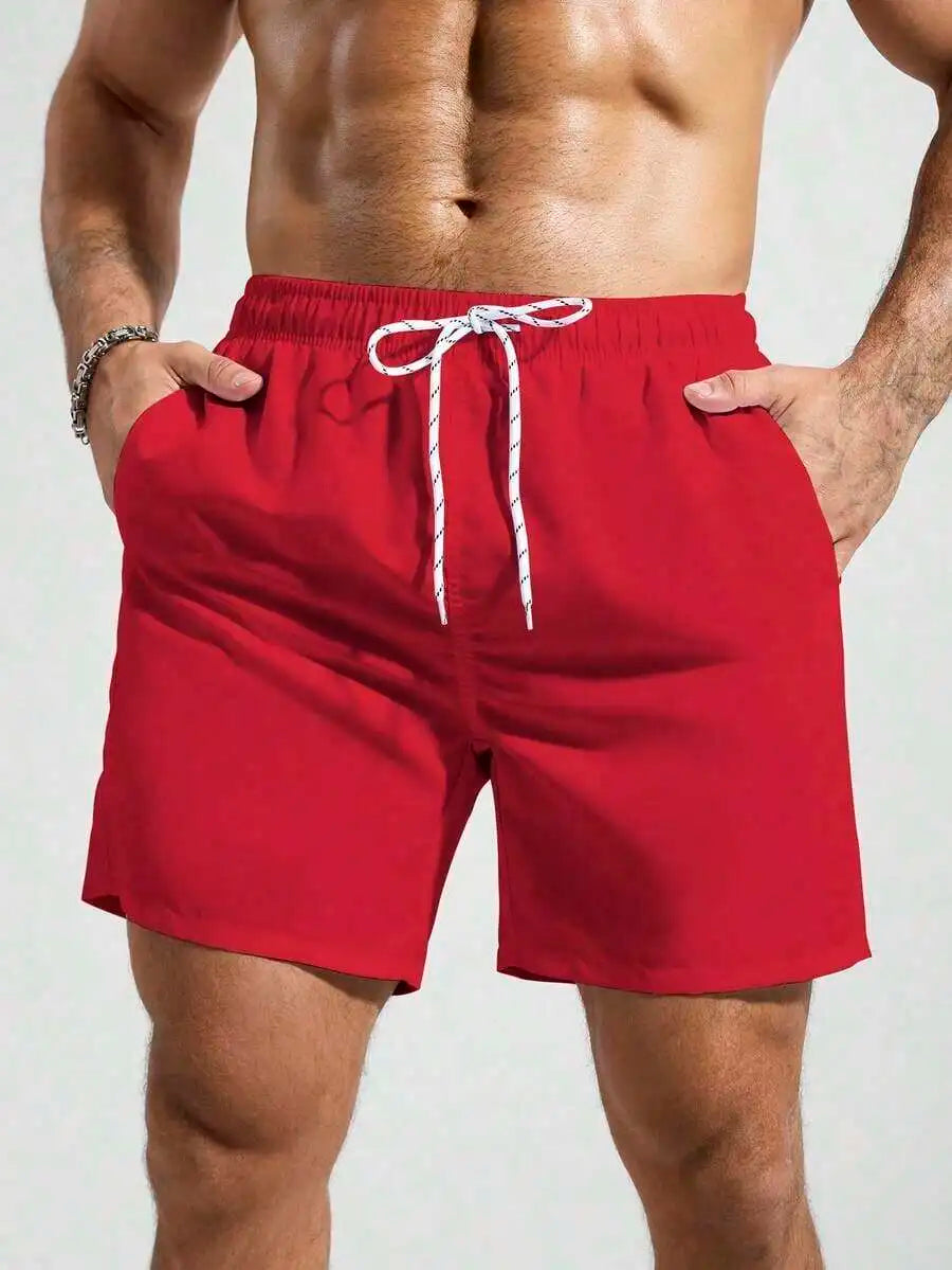 Mens Pocketed Drawstring Waist Beach Quick Dry Swim Trunks