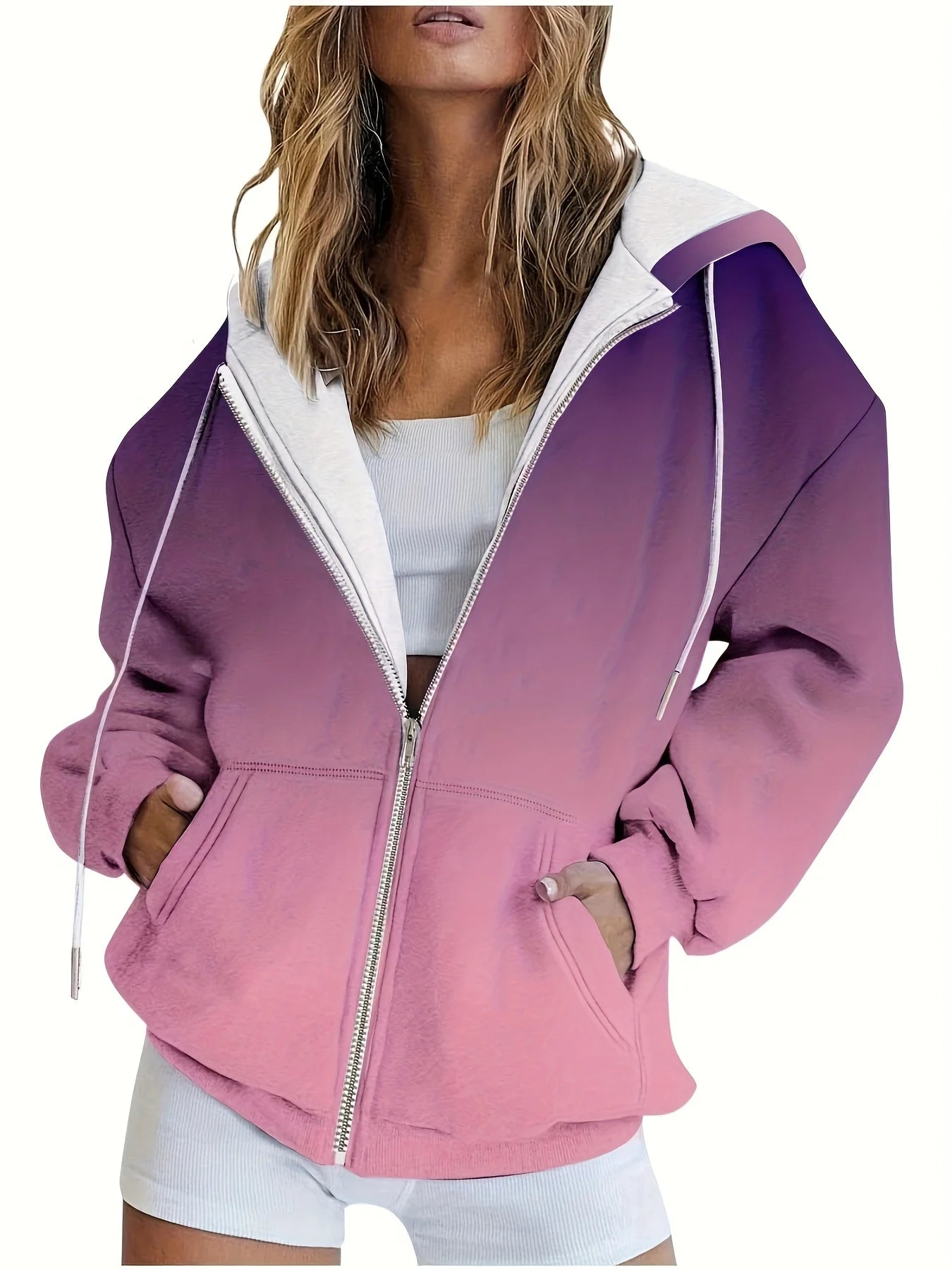 Casual Printed Hoodie Zip Up Jacket For Women Everyday Wear