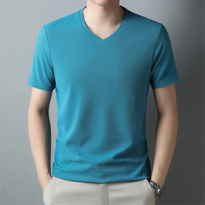 Men's Waffle Knit Vneck Short Sleeve T Shirt Summer Comfort