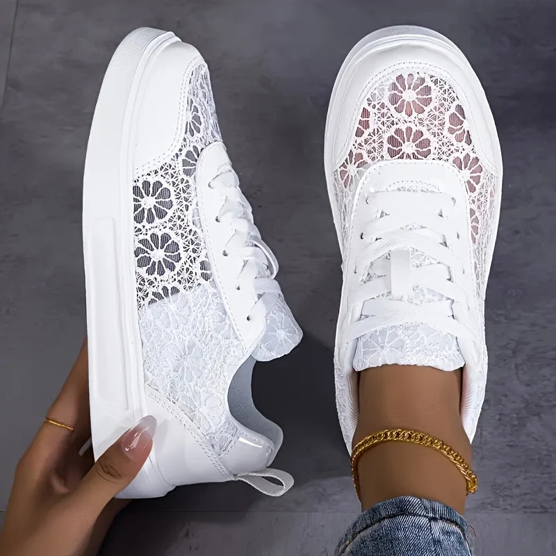 Women Breathable Platform Sneakers With Floral Embroidered Mesh Details