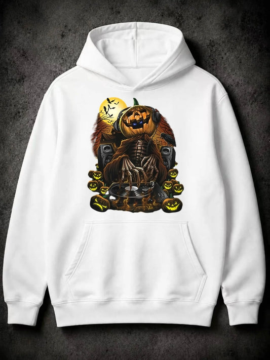 Men's Halloween Gothic Skeleton DJ Pumpkin Head Turntable Hoodie