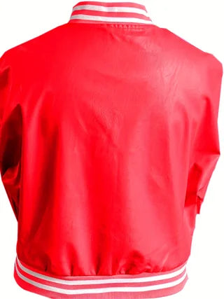 PU Leather Cropped Baseball Jacket With Embroidered Letters Striped Ribbed