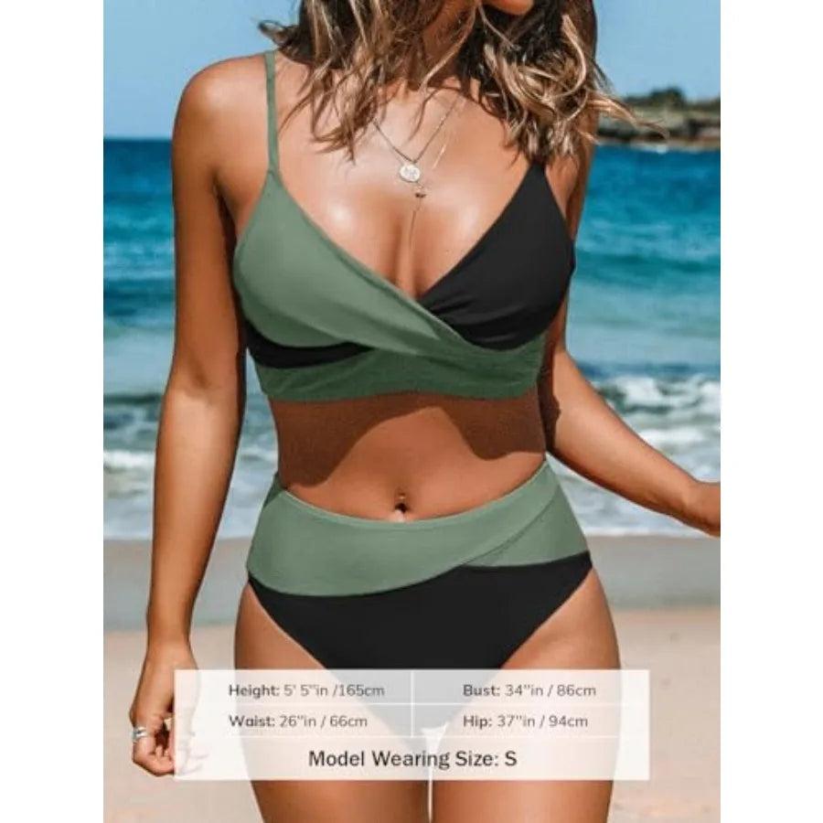 Women's High Waisted Twist Front Bikini Set With Adjustable Straps