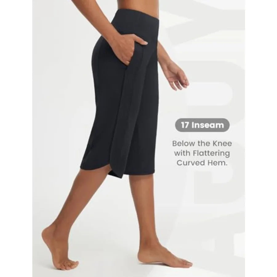Womens Capri Pants with Pockets Straight Leg Yoga Capris Leggings 17" Mid-Calf Capris Workout Summer