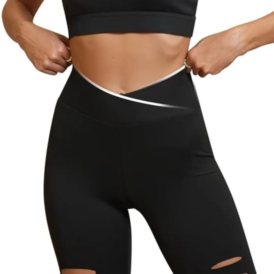 Women's High Waist Yoga Pants Cutout Ripped Tummy Control Leggings