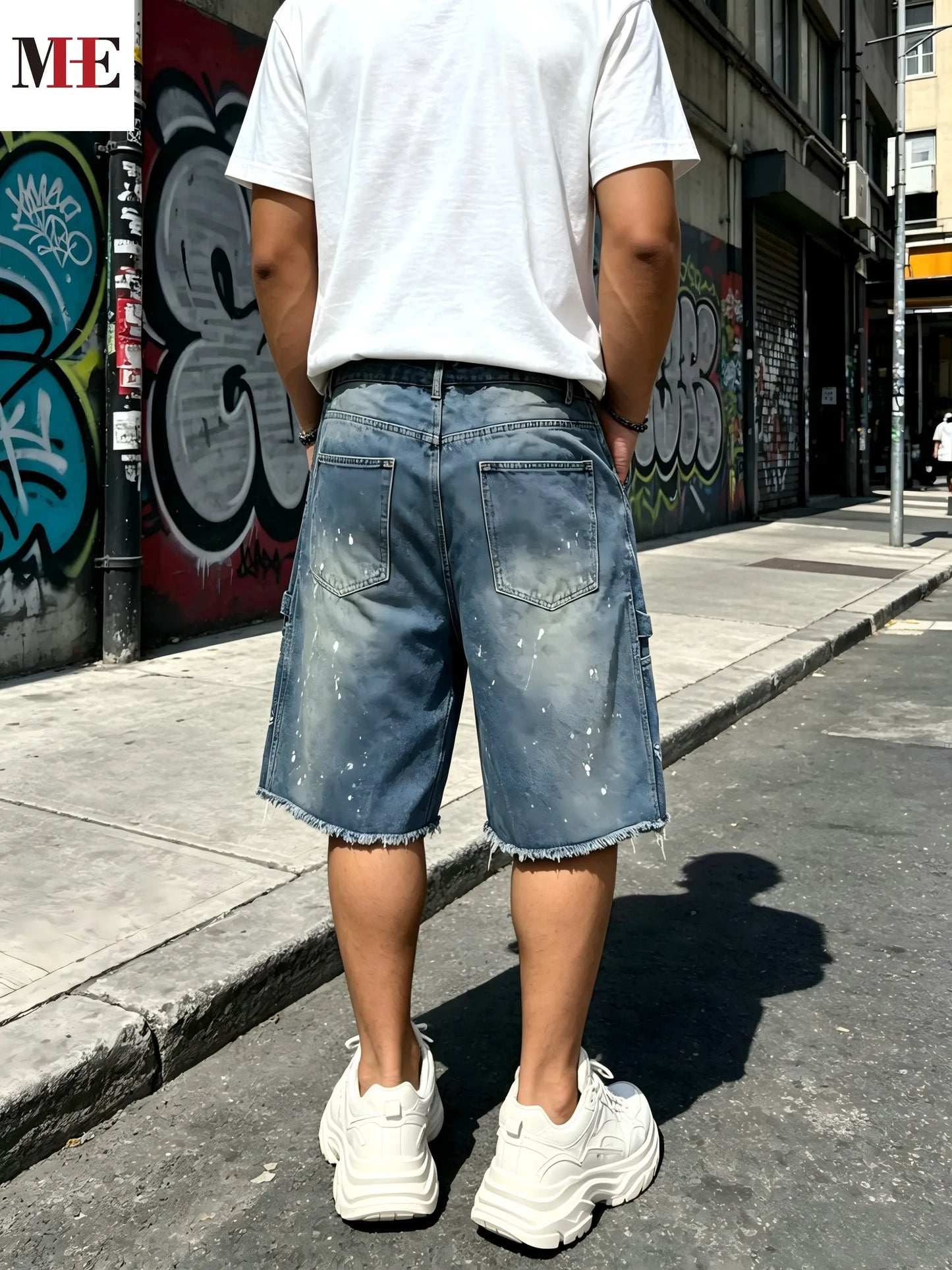 HME Men's Workwear Denim Cargo Shorts With Paint Splatter