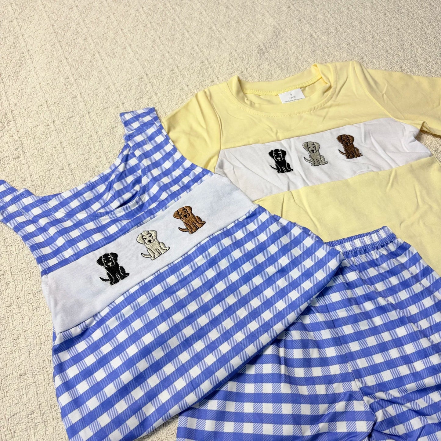 Children's Plaid Shorts And Dog Top Romper Set Everyday Casual