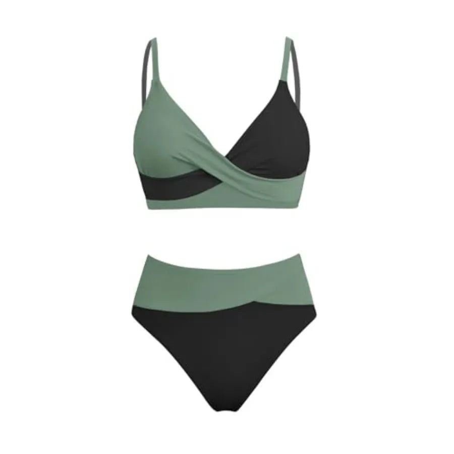 Women's High Waisted Twist Front Bikini Set With Adjustable Straps