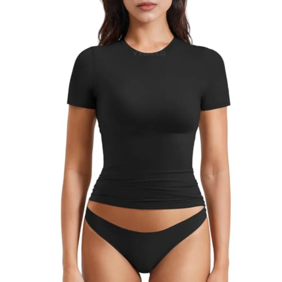 Women Bamboo Fiber Fitted Workout Top Short Sleeve Crew Neck
