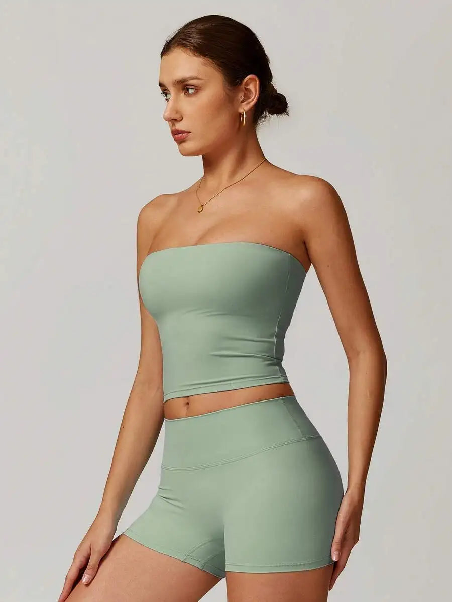 Womens Strapless Crop Top And Shorts Set Yoga Fitness Wear