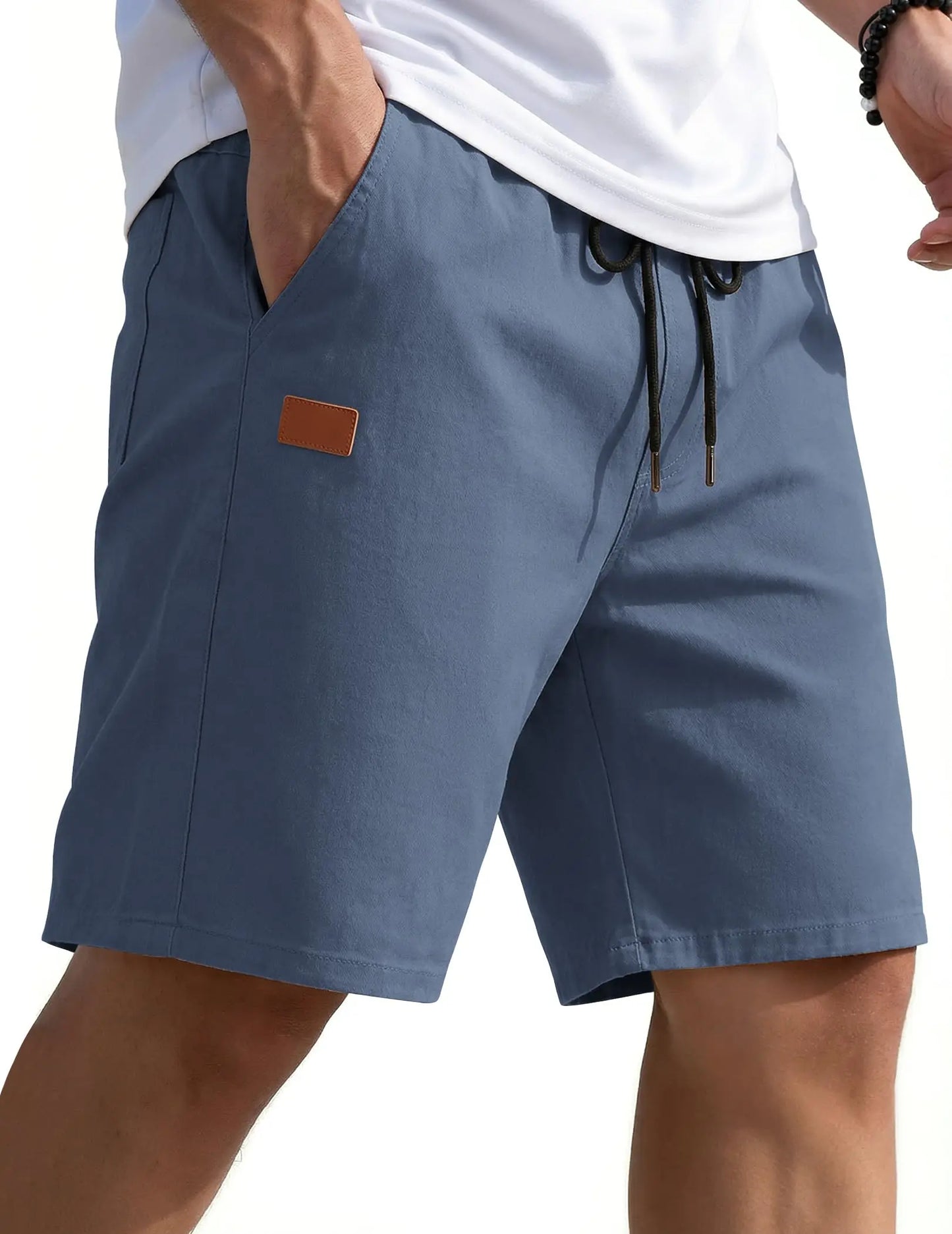 Mens Casual Shorts 9" Chino Cotton Shorts Summer Beach Drawstring Shorts with Pockets