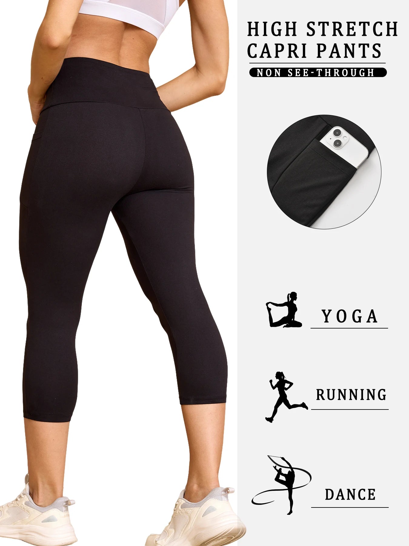 High Waisted capri pants For Women With Pockets Tummy Control No See Through Workout Running Yoga Athletic Push Up Gym Leggings