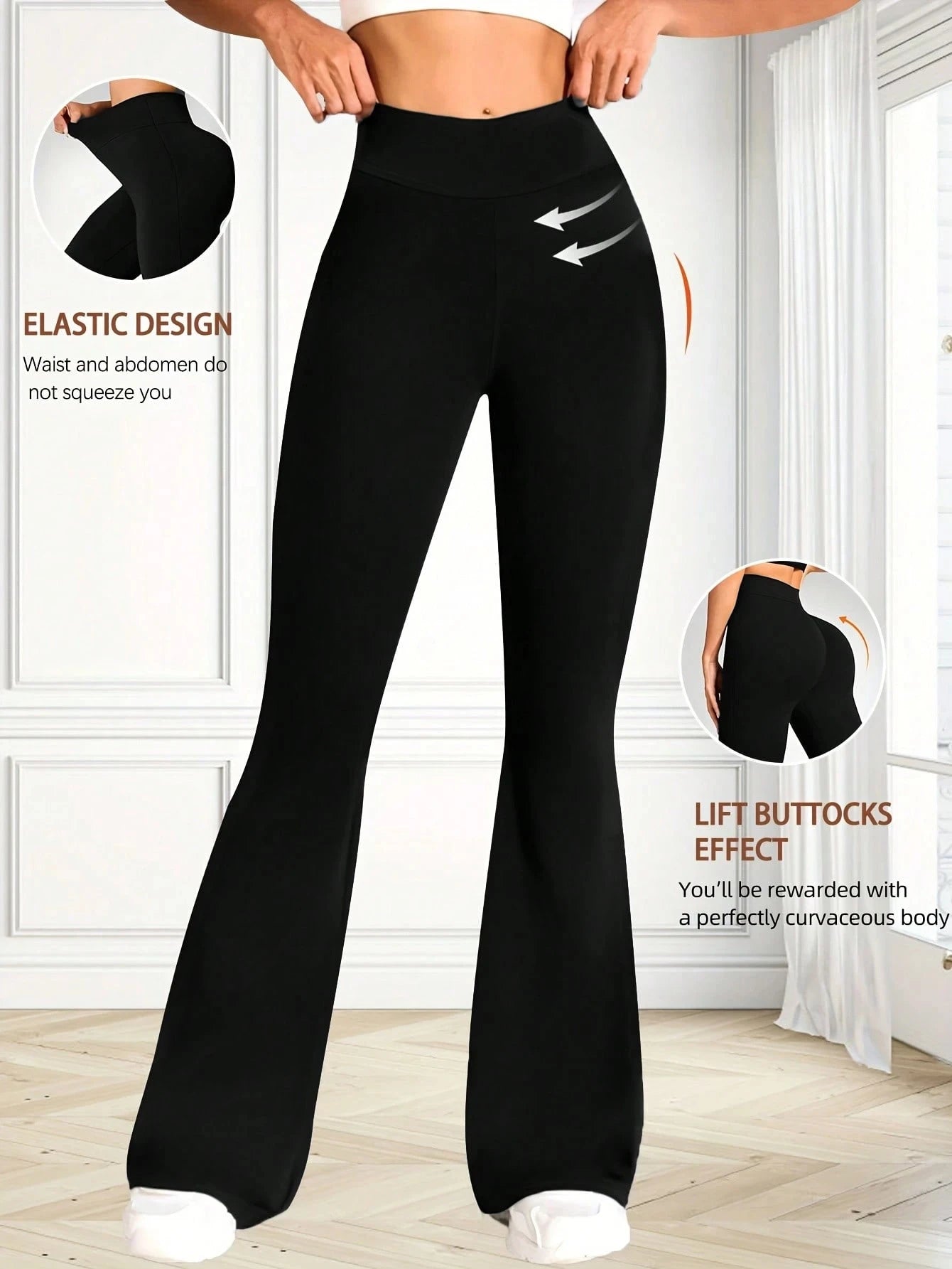 Contrast Thin Waist High Waist Flared Leggings Women Black Bootcut Yoga Pants Butt Lifting Workout Trousers For Daily Wear