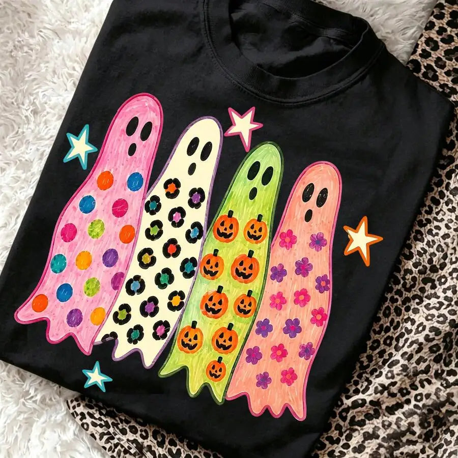 Women's Retro Halloween Ghost Pumpkin Graphic Tee For Fall Outfit