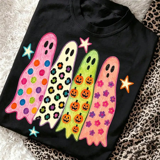 Women's Retro Halloween Ghost Pumpkin Graphic Tee For Fall Outfit