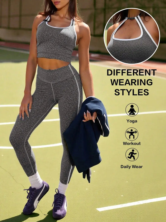 Women Seamless Ribbed Workout Set With Crop Top And Leggings