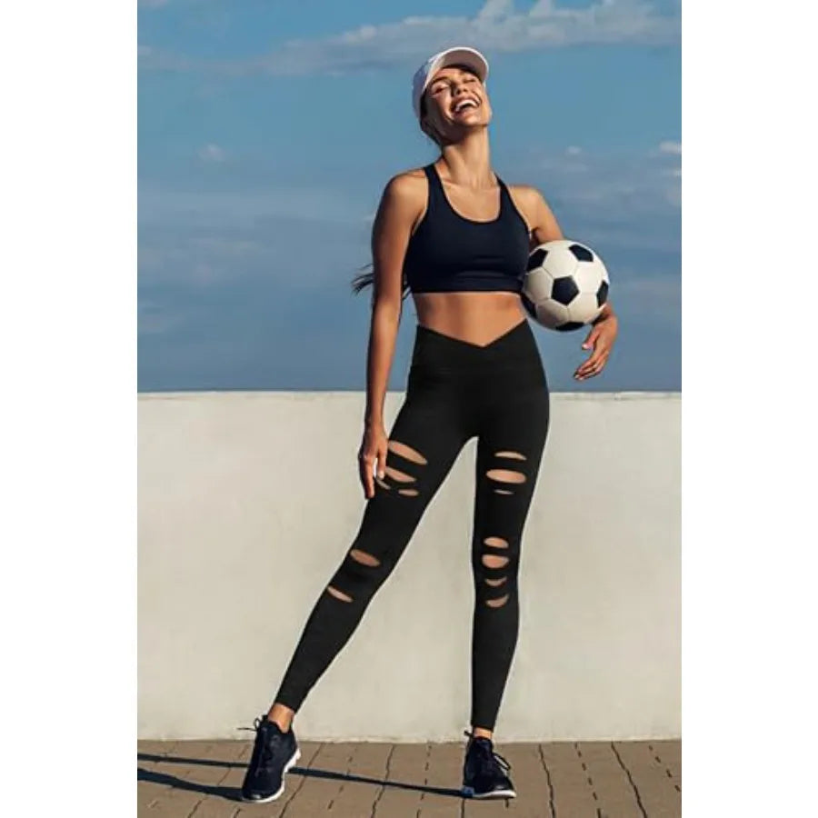 Women's High Waist Yoga Pants Cutout Ripped Tummy Control Leggings