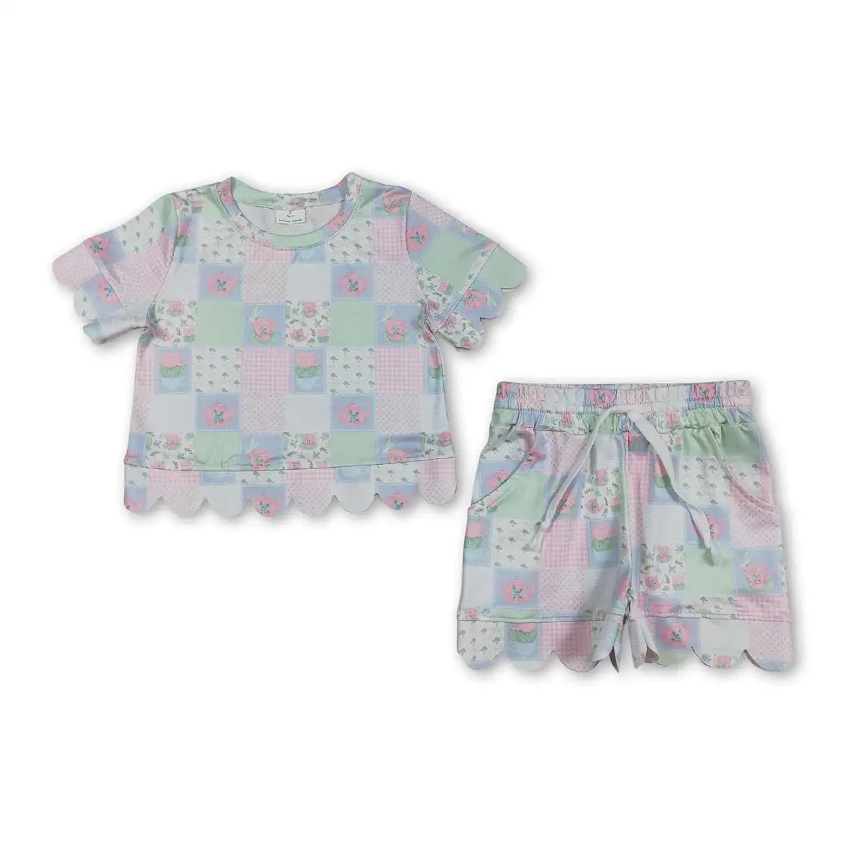 Girls Cotton Polyester Set With Short Sleeve Top And Pockets