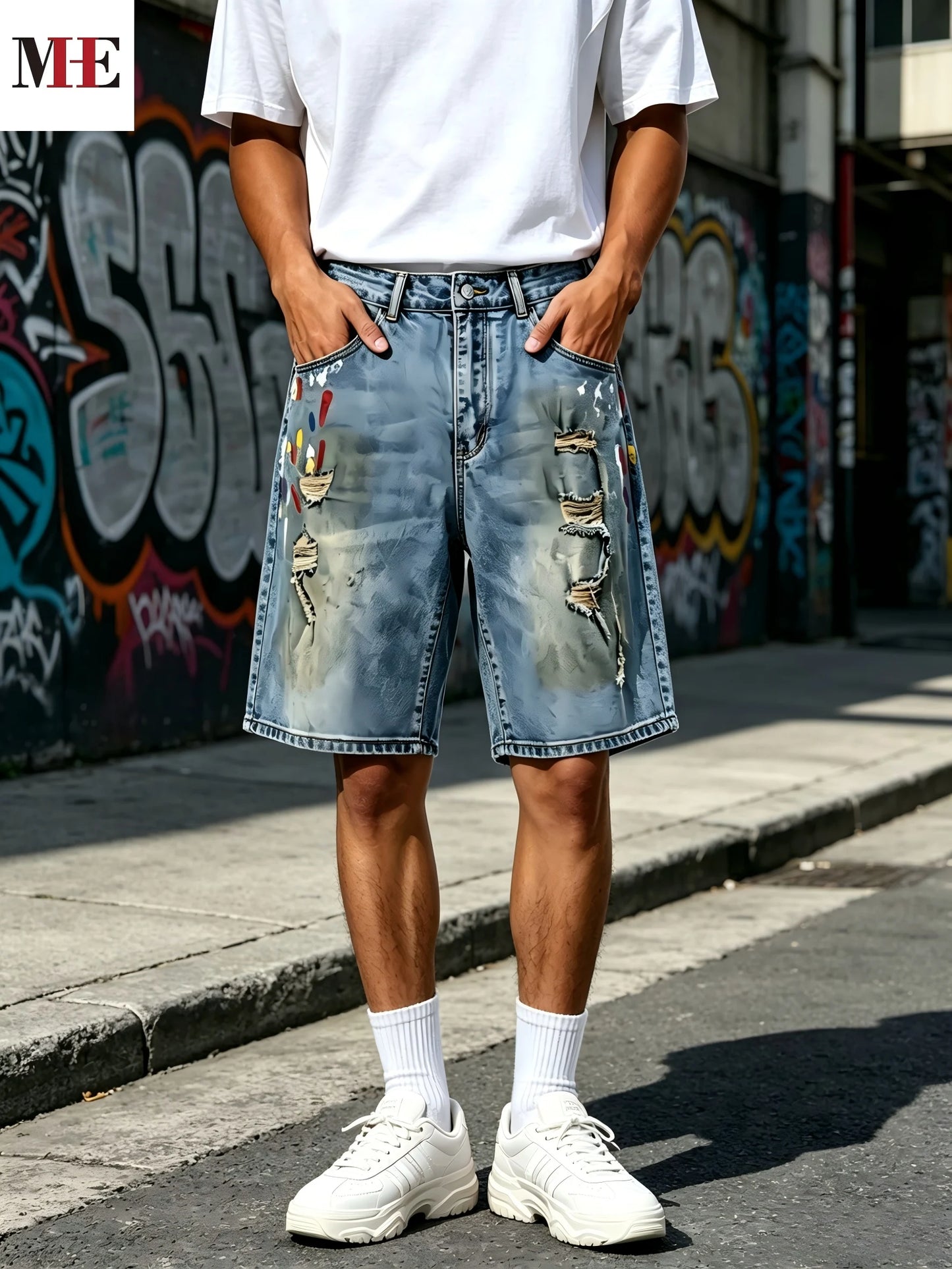 HME Denim Shorts For Men Washed Knee Length With Rips